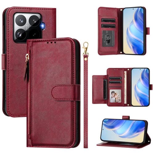 Funda de cuero con cremallera y ranuras para múltiples tarjetas para Xiaomi 15T Pro (rojo oscuro)