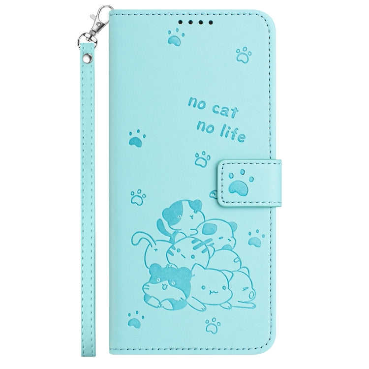Funda de Piel para iPhone 16E con Forma de Gatito En Relieve y Cordón (Verde Menta)