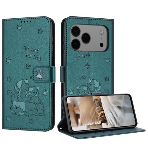 Funda de piel con diseño de gatito en relieve para iPhone 17 Pro Max con cordón (verde oscuro)