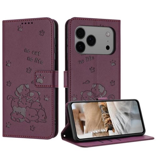 Funda de piel con diseño de gatito en relieve para iPhone 17 Pro Max con cordón (rojo vino)