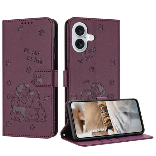 Funda de piel con diseño de gatito en relieve para iPhone 17 con cordón (rojo vino)