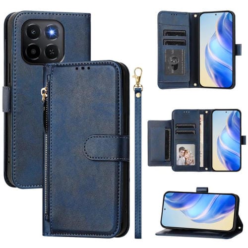 Funda de cuero con cremallera y ranuras para múltiples tarjetas para Honor X6c 4G (azul)