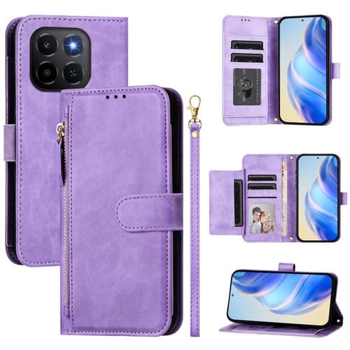 Funda de cuero con cremallera y ranuras para múltiples tarjetas para Honor X6c 4G (morado)