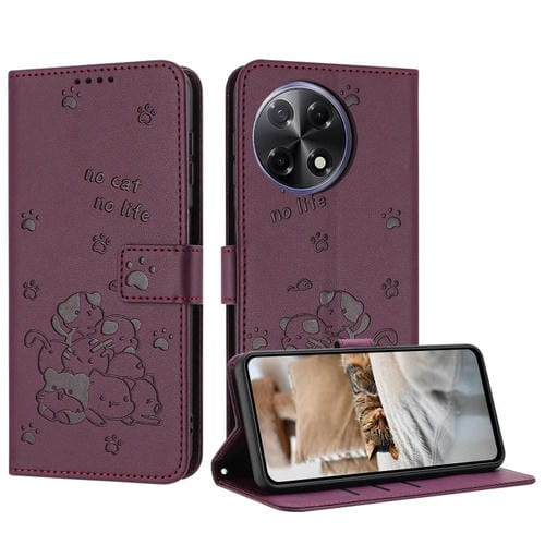 Funda de Piel para Tecno Camon 30S con Diseño de Gatito en Relieve y Cordón (Rojo Vino)