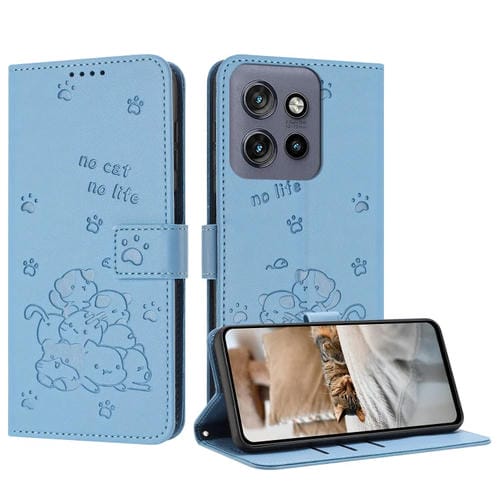 Funda de Cuero Motorola Moto S50 Edge 50 Neo con Diseño de Gatito En Relieve y Cordón (Azul)