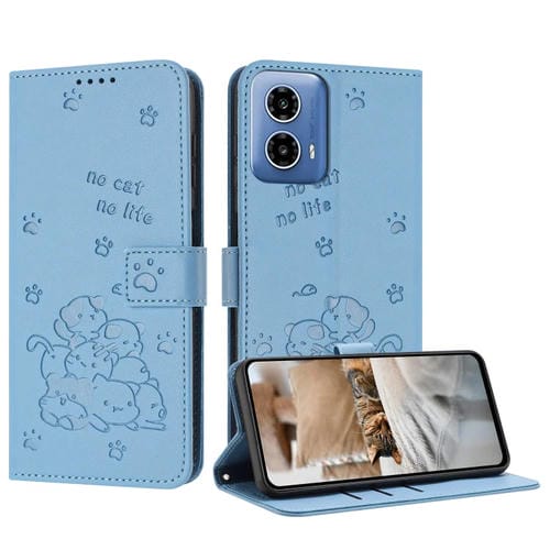 Funda de Cuero para Motorola Moto G35 con Diseño de Gatito en Relieve y Cordón (Azul)