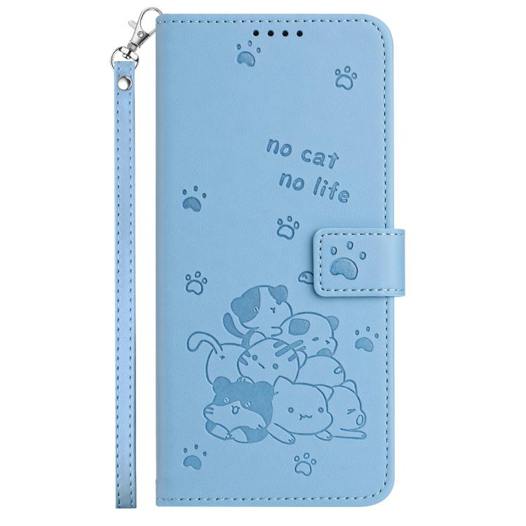 Funda de piel con diseño de gatito en relieve y cordón para Samsung Galaxy A07 4G (azul)