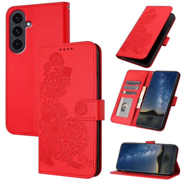 Funda de cuero con tapa y relieve de flor de datura para Samsung Galaxy S25 FE 5G (roja)