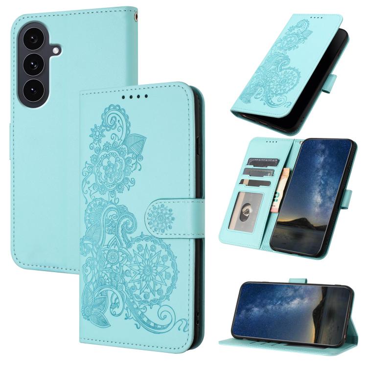 Funda de cuero con tapa y relieve de flor de datura para Samsung Galaxy S25 FE 5G (azul claro)