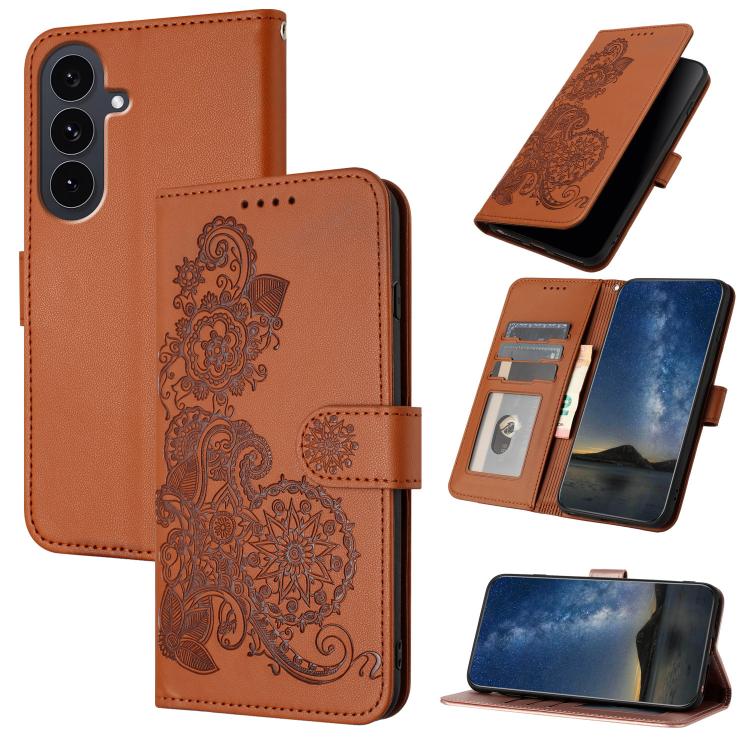 Funda de cuero con tapa y relieve de flor de datura para Samsung Galaxy S25 FE 5G (marrón)