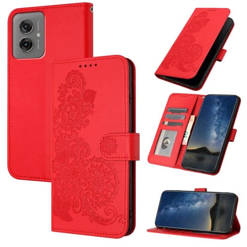 Funda de Cuero con Tapa y Diseño Flor de Datura en Relieve para Motorola Moto G55 (Rojo)