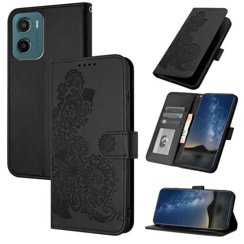 Funda de Cuero con Tapa y Diseño Flor de Datura en Relieve para Motorola Moto G05 (Negra)