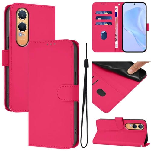 Funda de Cuero con Cordón para OnePlus Nord CE4 Lite 5G (Rosa y Rojo)