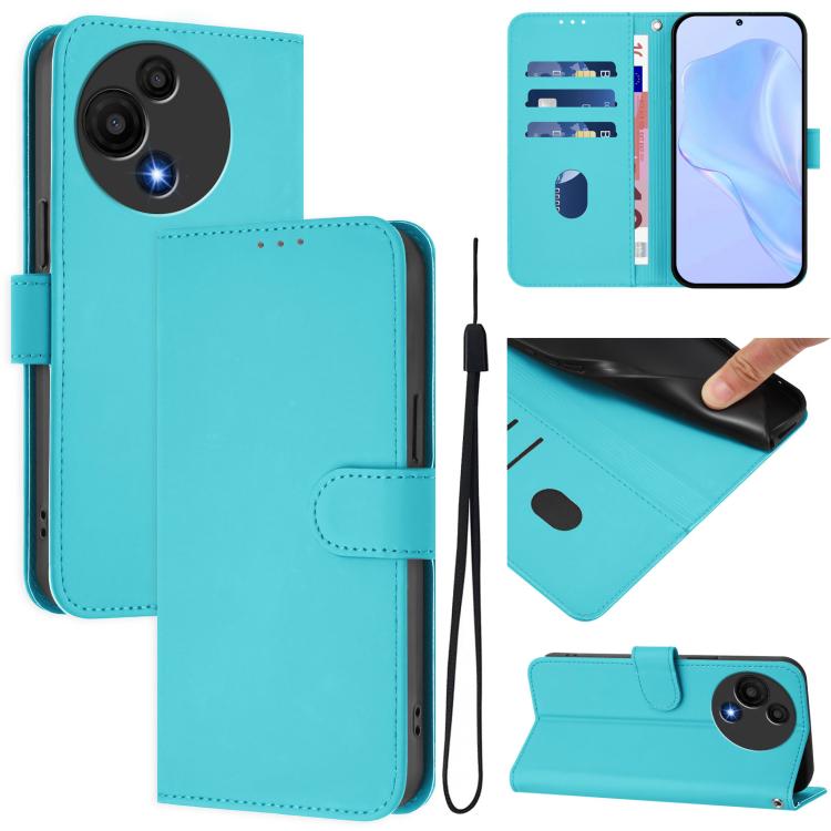 Funda de piel con textura de color liso y cordón para TCL 605/60 SE (azul lago)