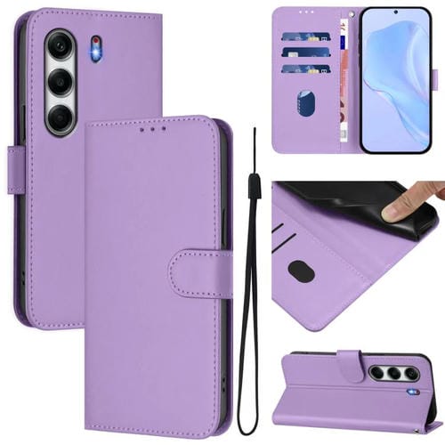 Funda de Piel para Tecno Camon 40 Pro 4G con Textura Lisa y Cordón (Morado Lavanda)