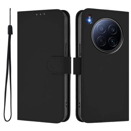 Funda de piel con cordón para Tecno Camon 40 Premier Skin Feel, color liso (negro)