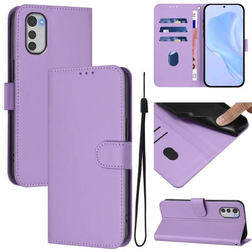 Funda de Cuero con Cordón para Motorola Moto E32 4G con Tacto de Piel (Morado Lavanda)