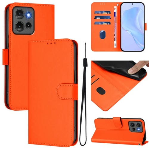 Funda de Cuero con Cordón para Motorola Edge 50 5G con Tacto de Piel (Naranja)