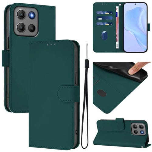 Funda de cuero con cordón para Motorola Moto G15 Power, color sólido y tacto suave (verde oscuro)