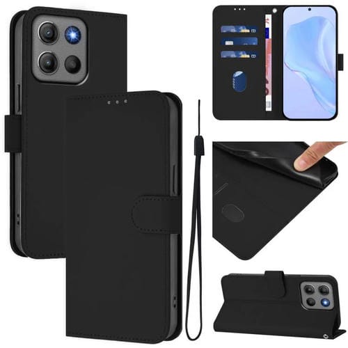 Funda de cuero con textura de piel y cordón para Motorola Moto G15 Power (negro)