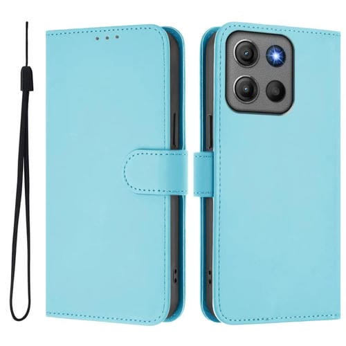 Funda de cuero con textura de piel y cordón para Motorola Moto G15 Power (azul cielo)