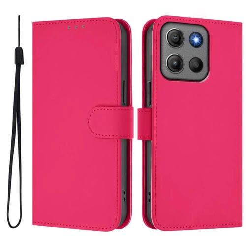 Funda de cuero con textura de piel y cordón para Motorola Moto G15 Power (rosa y rojo)