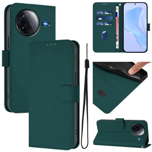 Funda de Cuero con Cordón para Redmi K80/K80 Pro, Color Sólido y Tacto Suave (Verde Oscuro)