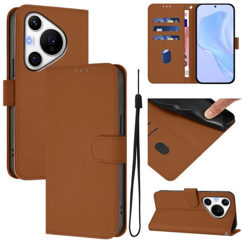 Funda de Cuero con Cordón para Huawei Pura 70 Pro / 70 Pro+ con Textura Piel (Marrón)