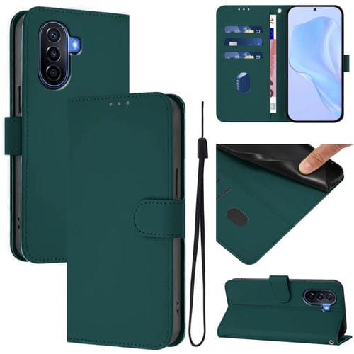 Funda de Cuero con Cordón para Huawei Enjoy 50 4G y Nova Y70 Plus (Verde Oscuro)
