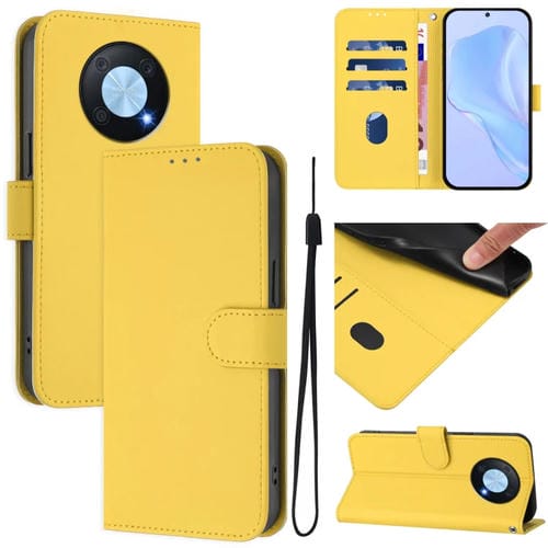 Funda de Piel Sintética con Cordón para Huawei Enjoy 50 Pro 4G y Nova Y90 (Amarillo Limón)