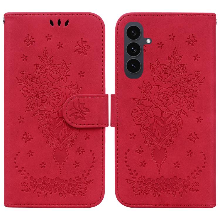 Funda de cuero con relieve de mariposa y rosa para Samsung Galaxy S25 FE 5G (roja)