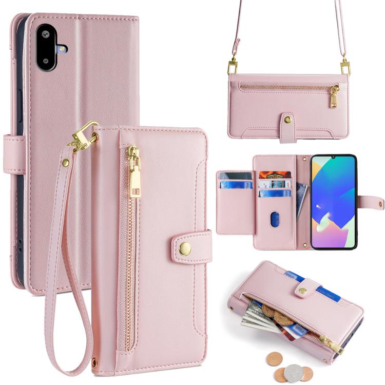 Funda de cuero tipo cartera con cremallera y textura de oveja para Samsung Galaxy F06 5G (rosa)