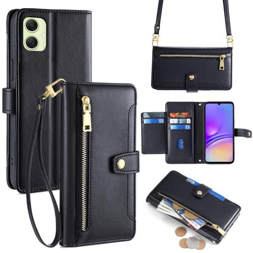 Funda de cuero tipo cartera con cremallera y textura de oveja para Samsung Galaxy A05 4G (negra)
