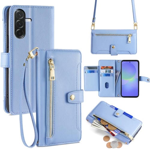 Funda de cuero tipo cartera con cremallera y textura de oveja para Samsung Galaxy A36 5G (azul)