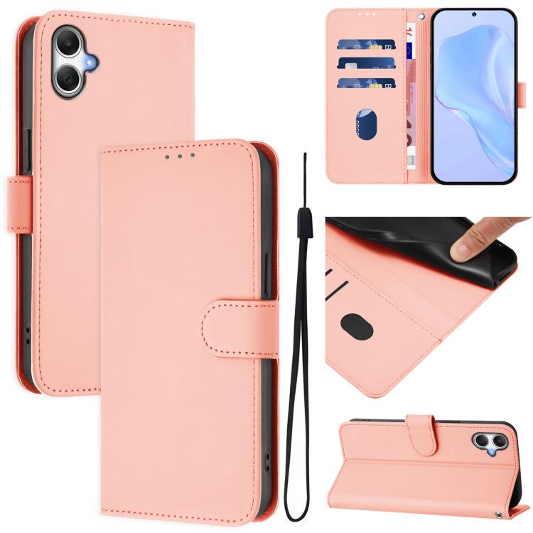Funda de piel con textura de color liso y cordón para Samsung Galaxy A07 4G (rosa)