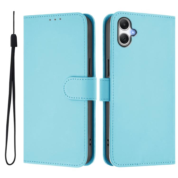 Funda de piel con textura de color liso y cordón para Samsung Galaxy A07 4G (azul cielo)