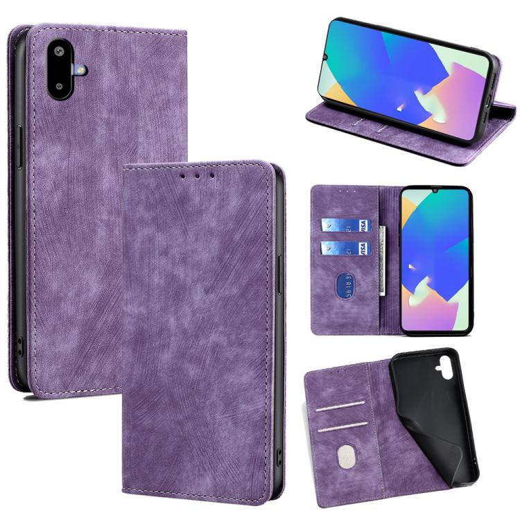 Funda de cuero magnética con cepillo y antirrobo RFID para Samsung Galaxy F06 5G (morada)