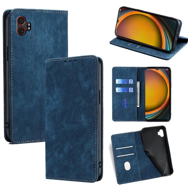 Funda de cuero magnética con cepillo y antirrobo RFID para Samsung Galaxy Xcover 7 Pro 5G (azul)