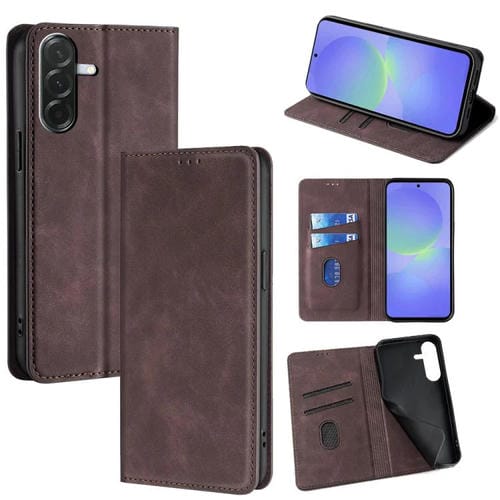 Funda de cuero magnética con textura de piel para Samsung Galaxy A36 5G (marrón oscuro)