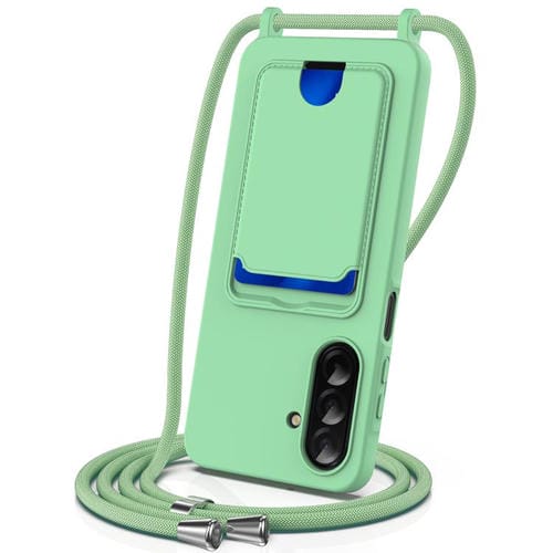 Funda de silicona lĂquida con cordĂłn para Samsung Galaxy A17 5G, color sĂłlido, con tarjetero integrado (verde)