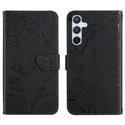 Funda de cuero con tapa y diseño de mariposas en relieve para Samsung Galaxy S25 FE 5G (negra)