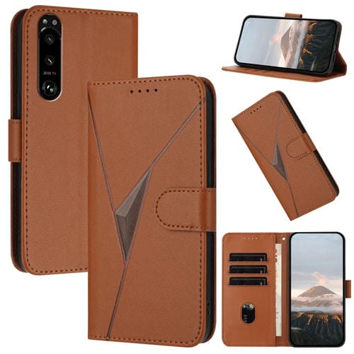 Estuche de Cuero Sony Xperia 5 III con Hebilla y Diseño de Triángulos (Marrón)