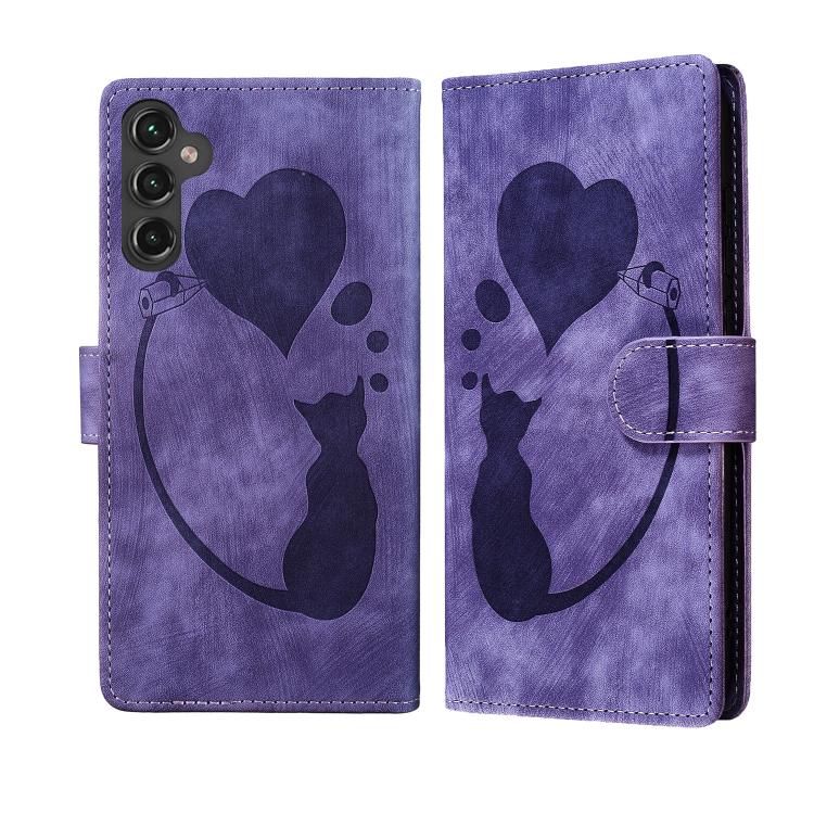 Funda de cuero con relieve de gato y corazón para Samsung Galaxy S25 FE 5G (morado)