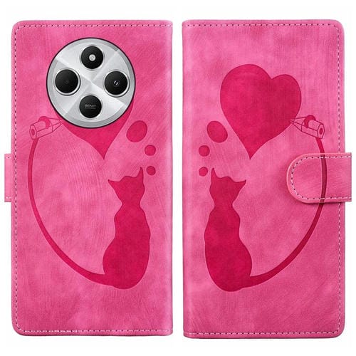 Funda de Cuero con Relieve de Gato y Corazón para Xiaomi Poco C75 (Rosa)