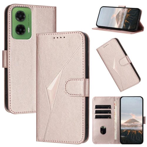 Funda de Cuero Motorola Moto G35 con Cierre de Hebilla y Diseño Triangular (Oro Rosa)