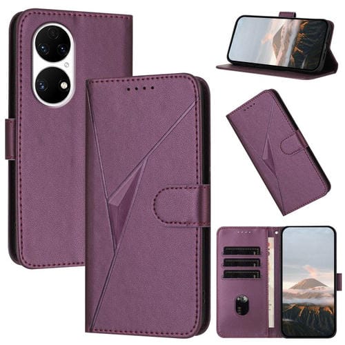 Funda de Cuero con Cierre de Hebilla y Diseño de Triángulos para Huawei P50 (Morado Oscuro)