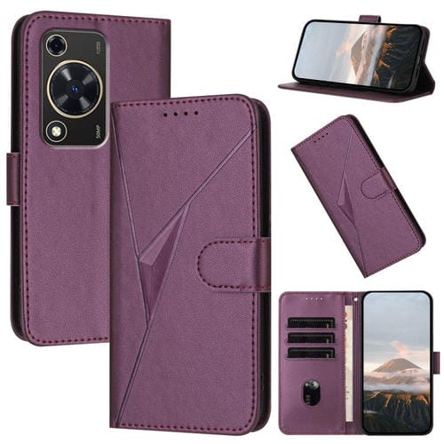 Funda de Cuero con Cierre de Hebilla y Diseño de Triángulos para Huawei Nova Y72 (Morado Oscuro)