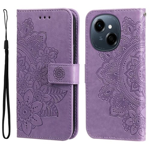 Funda de Cuero con Relieve de Flores de Siete Pétalos para Tecno Spark Go 1 / Pop 9 / Spark Go 2025 (Morado Claro)