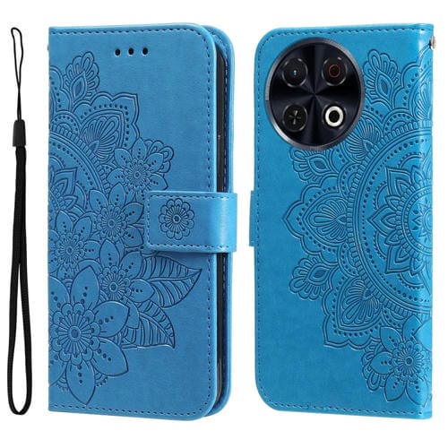 Funda de Cuero con Relieve Flores Siete Pétalos para Tecno Spark 30 Pro 4G (Azul)