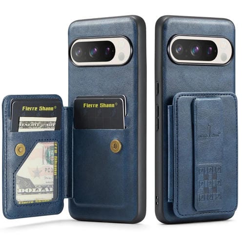 Funda para Teléfono Fierre Shann con Tarjetero Cuero de Vaca con Cera para Google Pixel 9 Pro XL (Azul)